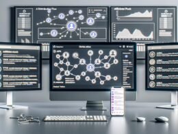 Minimalistischer Arbeitsplatz mit drei Monitoren und Dashboard für Social-Media-Automatisierung, KI-Texte, Multichannel-Flow, Analytics und Smartphone mit Chatbot-Interface