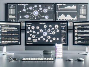 Minimalistischer Arbeitsplatz mit drei Monitoren und Dashboard für Social-Media-Automatisierung, KI-Texte, Multichannel-Flow, Analytics und Smartphone mit Chatbot-Interface