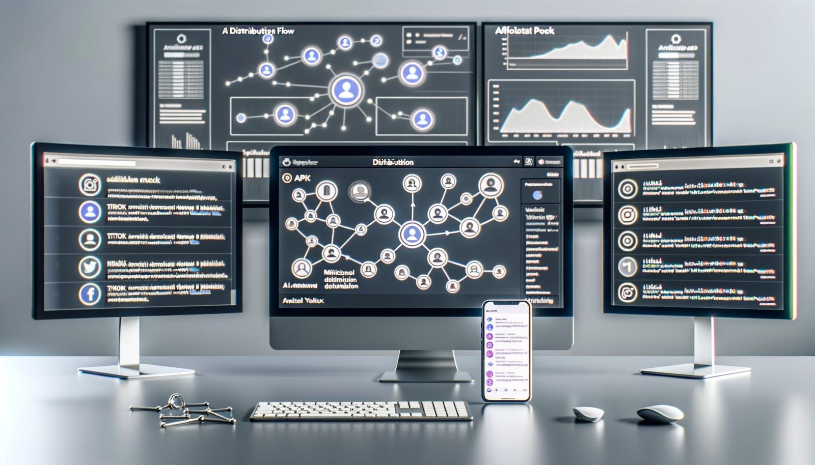Minimalistischer Arbeitsplatz mit drei Monitoren und Dashboard für Social-Media-Automatisierung, KI-Texte, Multichannel-Flow, Analytics und Smartphone mit Chatbot-Interface
