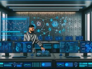 Futuristische Kommandozentrale mit Marketer, der KI-gestützte Dashboards und Automatisierungstools für Google Ads, Meta und Programmatic verwaltet.