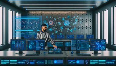 Futuristische Kommandozentrale mit Marketer, der KI-gestützte Dashboards und Automatisierungstools für Google Ads, Meta und Programmatic verwaltet.