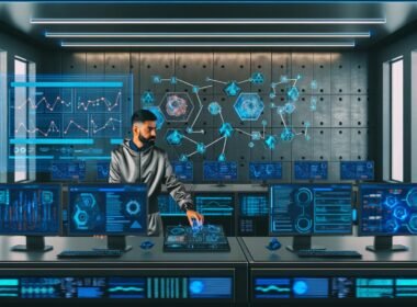 Futuristische Kommandozentrale mit Marketer, der KI-gestützte Dashboards und Automatisierungstools für Google Ads, Meta und Programmatic verwaltet.