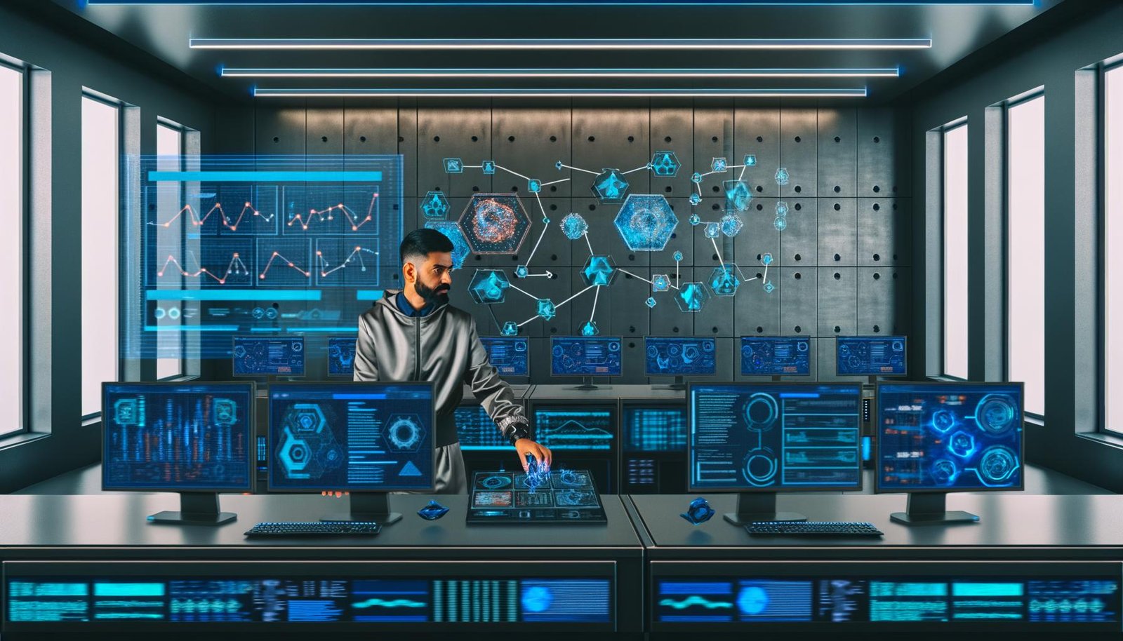 Futuristische Kommandozentrale mit Marketer, der KI-gestützte Dashboards und Automatisierungstools für Google Ads, Meta und Programmatic verwaltet.