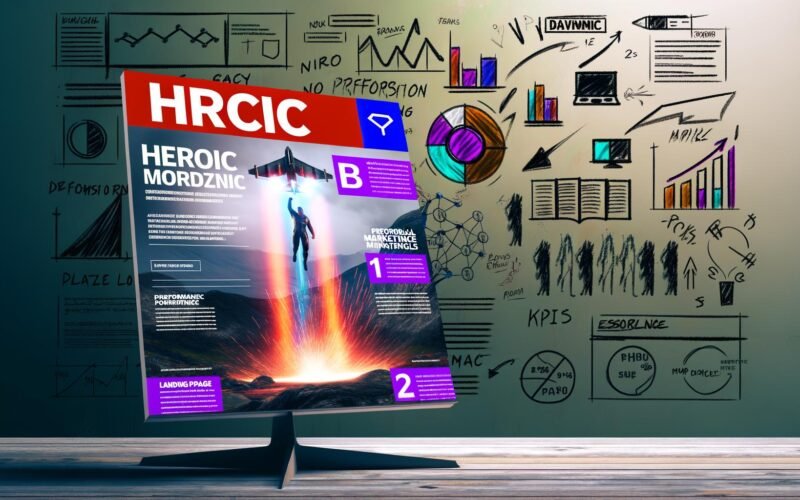 Titelbild mit geöffneter Landingpage auf Bildschirm im Vordergrund, umgeben von stilisierten Icons wichtiger Marketing-Kanäle sowie rauen Diagrammen und Marketing-KPIs, urban und ehrlich dargestellt.