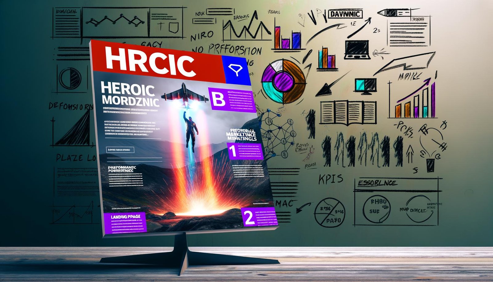 Titelbild mit geöffneter Landingpage auf Bildschirm im Vordergrund, umgeben von stilisierten Icons wichtiger Marketing-Kanäle sowie rauen Diagrammen und Marketing-KPIs, urban und ehrlich dargestellt.
