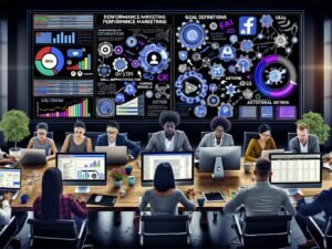 Digitales Performance-Marketing-Team arbeitet fokussiert an Laptops vor großen Monitoren mit KPI-Dashboards, Conversion-Funnels und Echtzeitdaten in einem modernen Büro.
