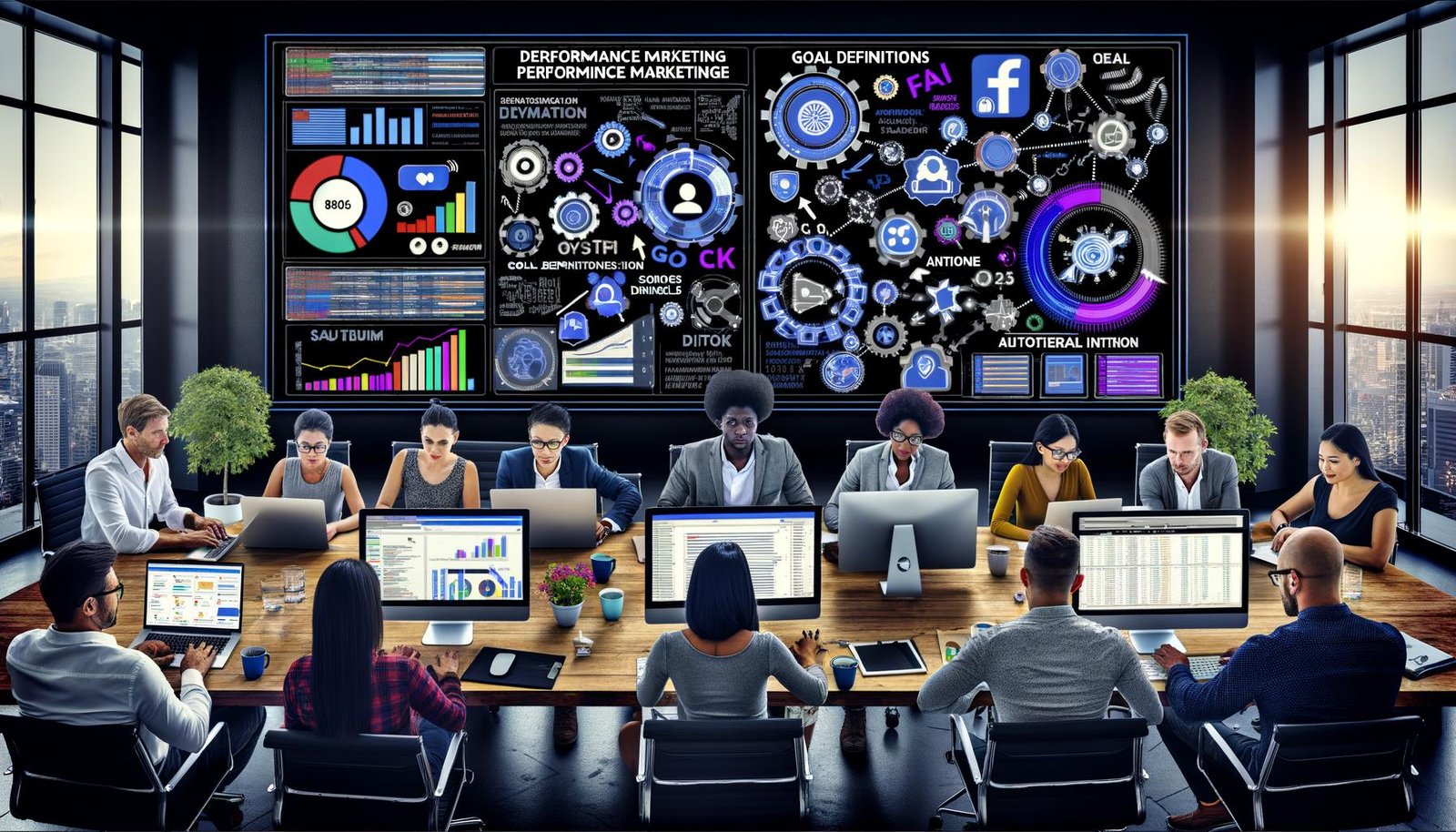 Digitales Performance-Marketing-Team arbeitet fokussiert an Laptops vor großen Monitoren mit KPI-Dashboards, Conversion-Funnels und Echtzeitdaten in einem modernen Büro.