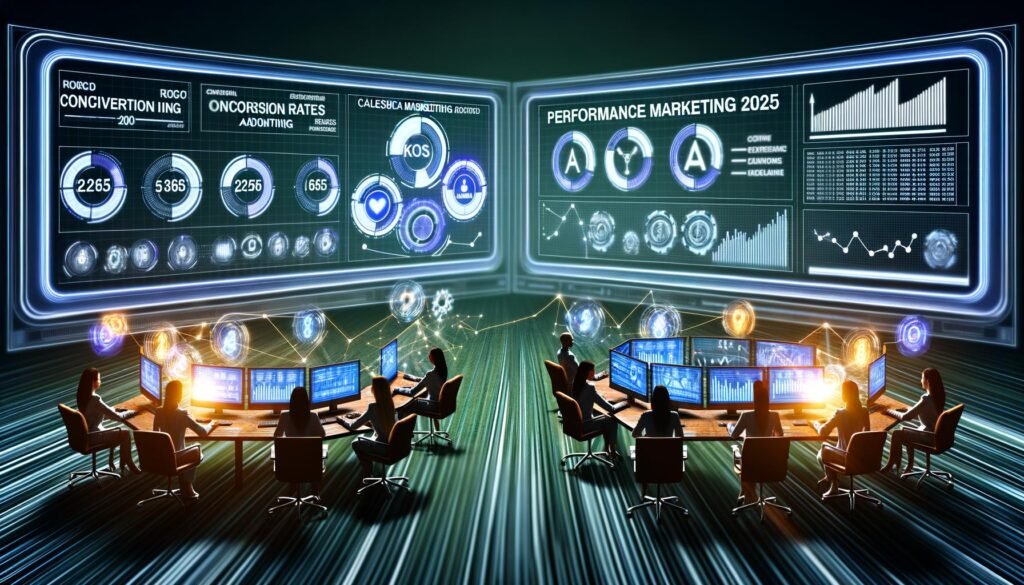 Futuristische Schaltzentrale für Performance Marketing mit großen Dashboards, konzentrierten Marketern, digitalen Werbe-Icons von Google, Meta, TikTok und Native Ads, verbunden durch leuchtende Datenströme.