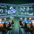 Futuristische Schaltzentrale für Performance Marketing mit großen Dashboards, konzentrierten Marketern, digitalen Werbe-Icons von Google, Meta, TikTok und Native Ads, verbunden durch leuchtende Datenströme.