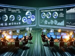 Futuristische Schaltzentrale für Performance Marketing mit großen Dashboards, konzentrierten Marketern, digitalen Werbe-Icons von Google, Meta, TikTok und Native Ads, verbunden durch leuchtende Datenströme.
