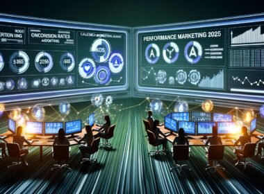 Futuristische Schaltzentrale für Performance Marketing mit großen Dashboards, konzentrierten Marketern, digitalen Werbe-Icons von Google, Meta, TikTok und Native Ads, verbunden durch leuchtende Datenströme.