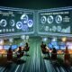 Futuristische Schaltzentrale für Performance Marketing mit großen Dashboards, konzentrierten Marketern, digitalen Werbe-Icons von Google, Meta, TikTok und Native Ads, verbunden durch leuchtende Datenströme.