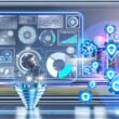 Futuristisches Titelbild einer digitalen Marketing-Zentrale mit Echtzeit-Analysen, KI-Symbolen, Dashboards und klassischen Werbeelementen im Hintergrund.
