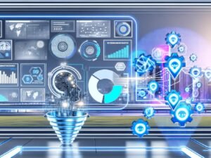 Futuristisches Titelbild einer digitalen Marketing-Zentrale mit Echtzeit-Analysen, KI-Symbolen, Dashboards und klassischen Werbeelementen im Hintergrund.