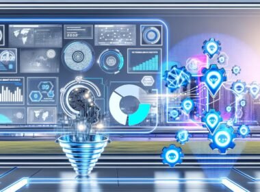 Futuristisches Titelbild einer digitalen Marketing-Zentrale mit Echtzeit-Analysen, KI-Symbolen, Dashboards und klassischen Werbeelementen im Hintergrund.