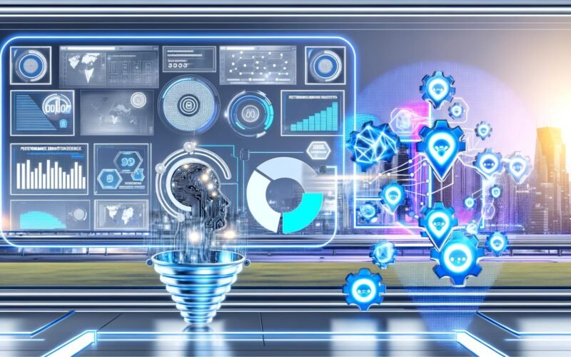 Futuristisches Titelbild einer digitalen Marketing-Zentrale mit Echtzeit-Analysen, KI-Symbolen, Dashboards und klassischen Werbeelementen im Hintergrund.