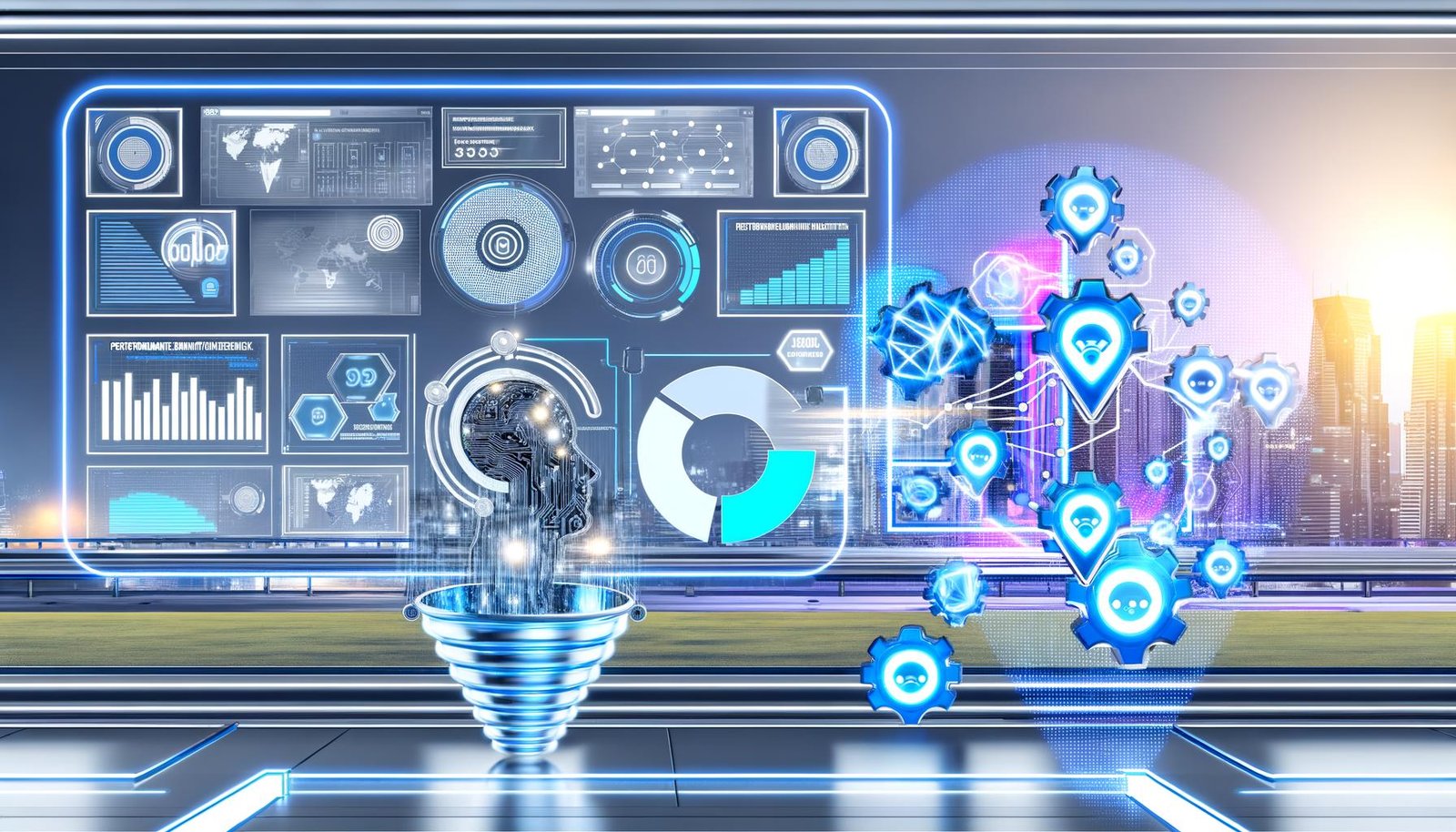 Futuristisches Titelbild einer digitalen Marketing-Zentrale mit Echtzeit-Analysen, KI-Symbolen, Dashboards und klassischen Werbeelementen im Hintergrund.