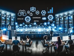 Düsterer Maschinenraum mit großen Dashboards, Marketer an Laptops, Whiteboards mit Flussdiagrammen, leuchtenden Monitoren und Symbolen für Social Ads, SEA, Analytics und KI.
