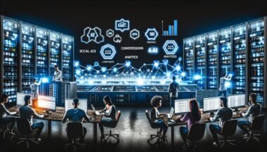 Düsterer Maschinenraum mit großen Dashboards, Marketer an Laptops, Whiteboards mit Flussdiagrammen, leuchtenden Monitoren und Symbolen für Social Ads, SEA, Analytics und KI.