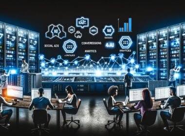 Düsterer Maschinenraum mit großen Dashboards, Marketer an Laptops, Whiteboards mit Flussdiagrammen, leuchtenden Monitoren und Symbolen für Social Ads, SEA, Analytics und KI.