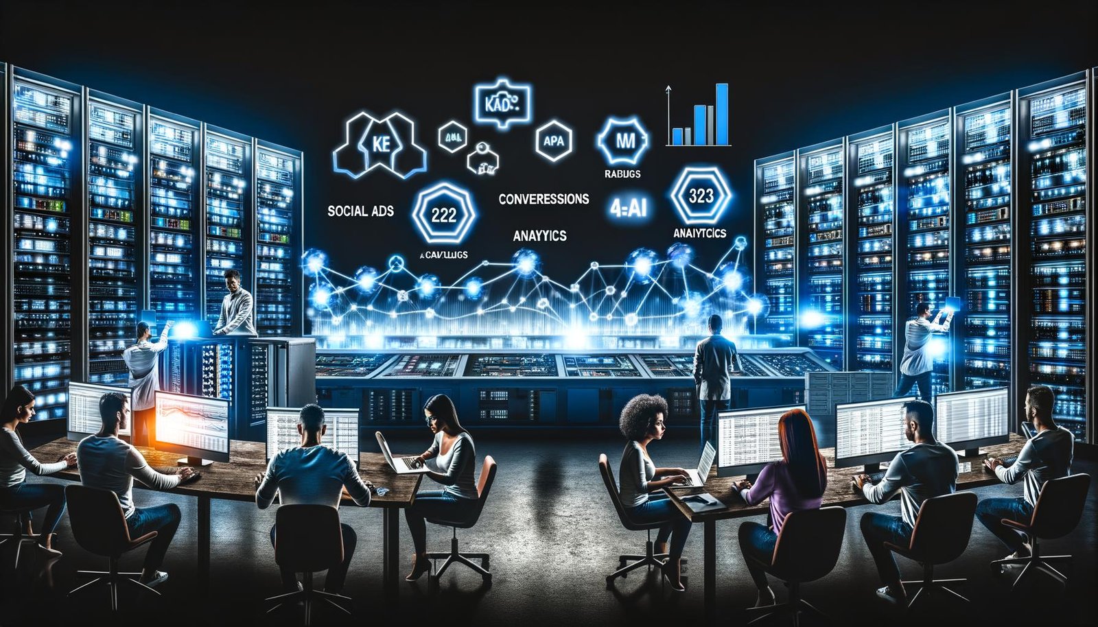 Düsterer Maschinenraum mit großen Dashboards, Marketer an Laptops, Whiteboards mit Flussdiagrammen, leuchtenden Monitoren und Symbolen für Social Ads, SEA, Analytics und KI.