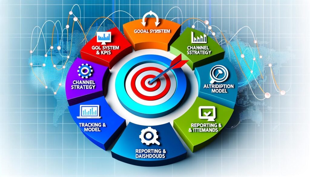 Kreisförmige Infografik des Performance Marketing Frameworks mit sieben farbigen Segmenten, Symbolen und Zielscheibe im Zentrum.