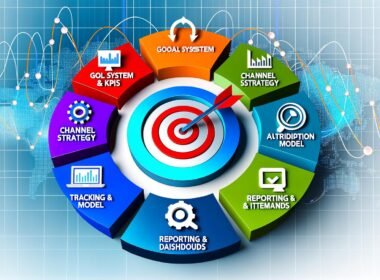 Kreisförmige Infografik des Performance Marketing Frameworks mit sieben farbigen Segmenten, Symbolen und Zielscheibe im Zentrum.