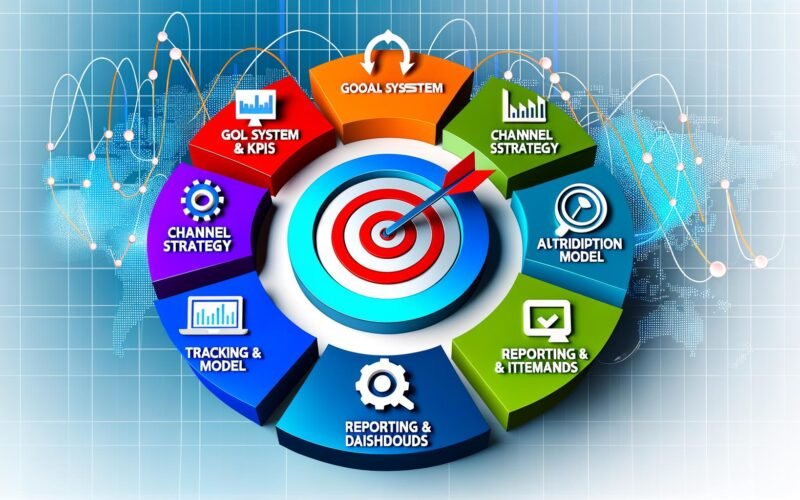 Kreisförmige Infografik des Performance Marketing Frameworks mit sieben farbigen Segmenten, Symbolen und Zielscheibe im Zentrum.