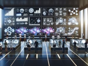 Digitale Marketing-Profis arbeiten konzentriert an futuristischen Interfaces und Dashboards in einem Hightech-Kontrollraum voller Datenvisualisierungen und Analyse-Tools.
