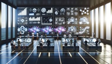 Digitale Marketing-Profis arbeiten konzentriert an futuristischen Interfaces und Dashboards in einem Hightech-Kontrollraum voller Datenvisualisierungen und Analyse-Tools.