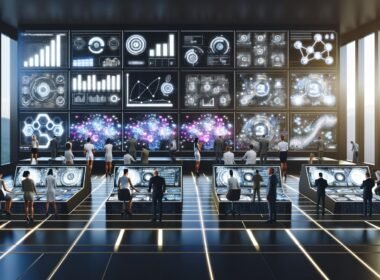 Digitale Marketing-Profis arbeiten konzentriert an futuristischen Interfaces und Dashboards in einem Hightech-Kontrollraum voller Datenvisualisierungen und Analyse-Tools.