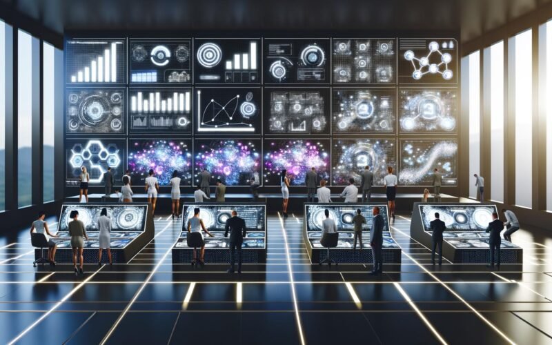 Digitale Marketing-Profis arbeiten konzentriert an futuristischen Interfaces und Dashboards in einem Hightech-Kontrollraum voller Datenvisualisierungen und Analyse-Tools.