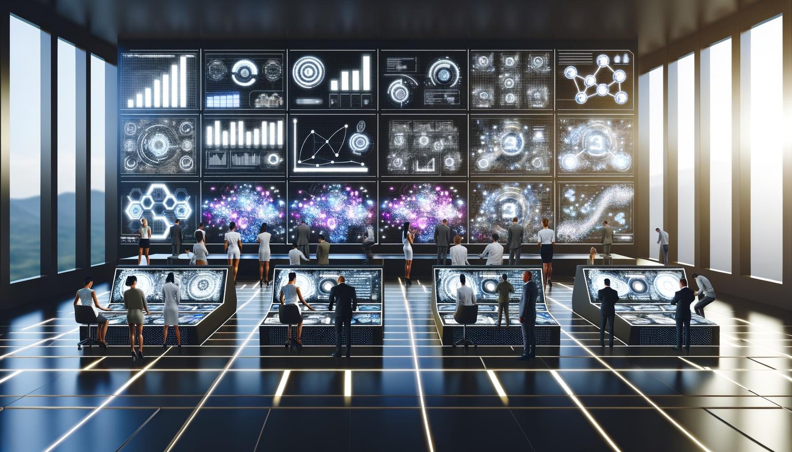 Digitale Marketing-Profis arbeiten konzentriert an futuristischen Interfaces und Dashboards in einem Hightech-Kontrollraum voller Datenvisualisierungen und Analyse-Tools.