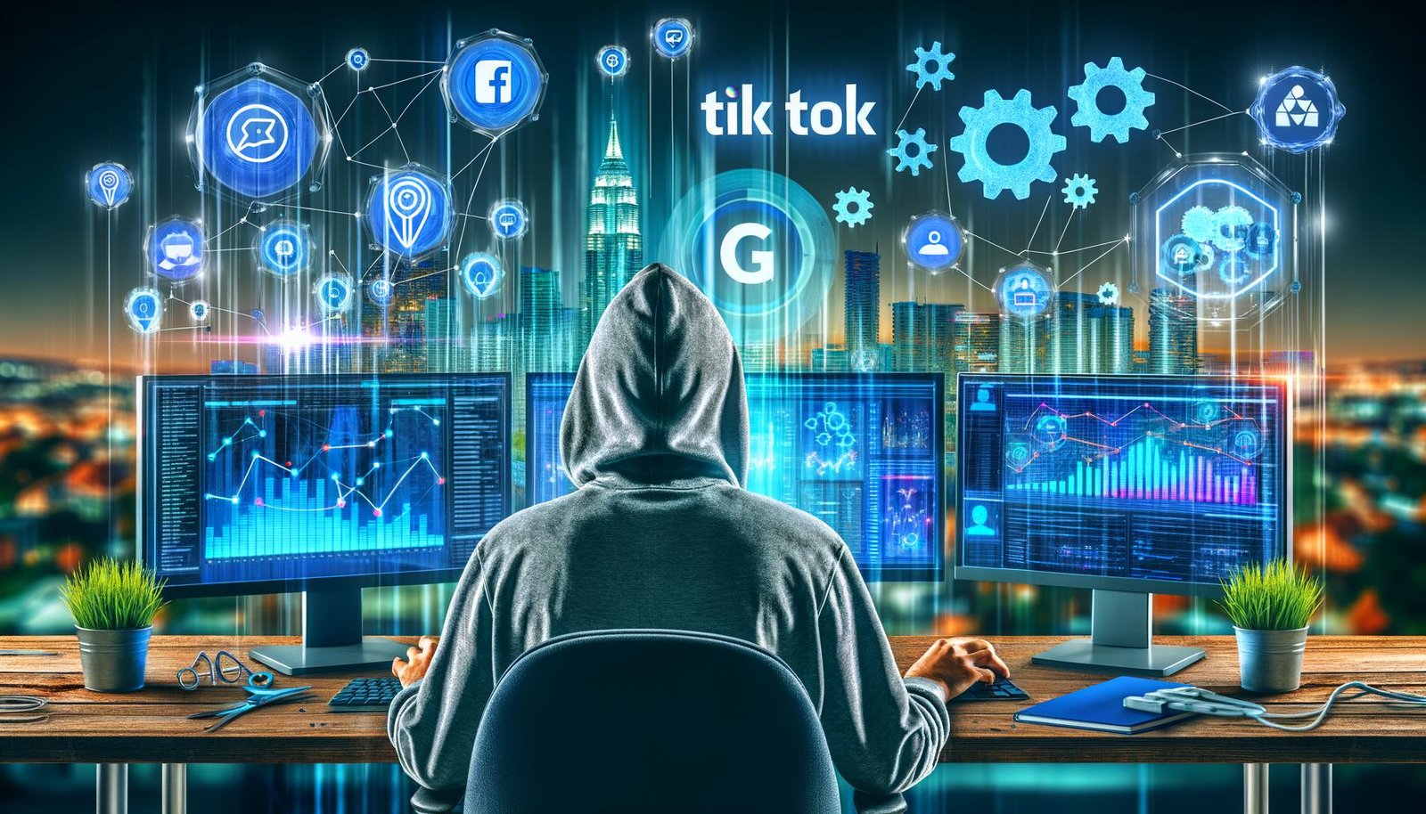 Illustration eines High-Tech-Performance-Marketing-Büros mit Marketer vor Monitoren voller Daten, umgeben von digitalen Marketing- und Automatisierungssymbolen in kühler Neon-Atmosphäre.