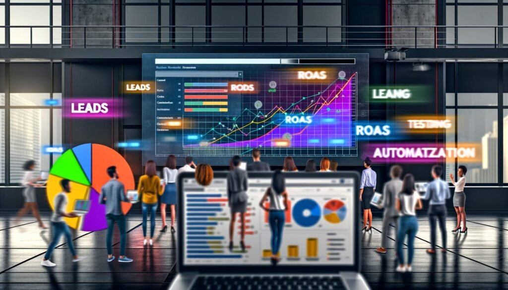 Junge Marketing-Profis analysieren bunte Dashboards mit KPIs, Conversionrates und Grafen in einem modernen Büro, während digitale Wörter wie Leads und ROAS über ihnen schweben.