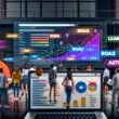 Junge Marketing-Profis analysieren bunte Dashboards mit KPIs, Conversionrates und Grafen in einem modernen Büro, während digitale Wörter wie Leads und ROAS über ihnen schweben.