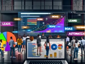 Junge Marketing-Profis analysieren bunte Dashboards mit KPIs, Conversionrates und Grafen in einem modernen Büro, während digitale Wörter wie Leads und ROAS über ihnen schweben.