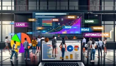 Junge Marketing-Profis analysieren bunte Dashboards mit KPIs, Conversionrates und Grafen in einem modernen Büro, während digitale Wörter wie Leads und ROAS über ihnen schweben.
