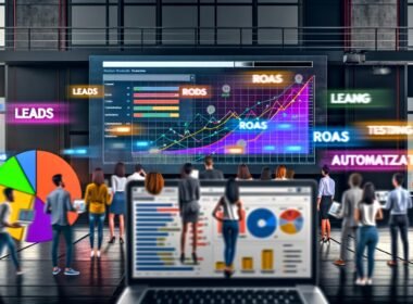 Junge Marketing-Profis analysieren bunte Dashboards mit KPIs, Conversionrates und Grafen in einem modernen Büro, während digitale Wörter wie Leads und ROAS über ihnen schweben.