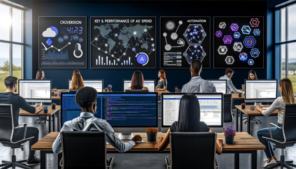 Dynamische Arbeitsplatzszene in einer digitalen Marketingagentur mit großen Monitoren, Dashboards, KPIs und Marketingexperten bei der Arbeit an technischen Tools.