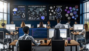 Dynamische Arbeitsplatzszene in einer digitalen Marketingagentur mit großen Monitoren, Dashboards, KPIs und Marketingexperten bei der Arbeit an technischen Tools.
