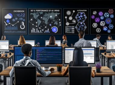 Dynamische Arbeitsplatzszene in einer digitalen Marketingagentur mit großen Monitoren, Dashboards, KPIs und Marketingexperten bei der Arbeit an technischen Tools.