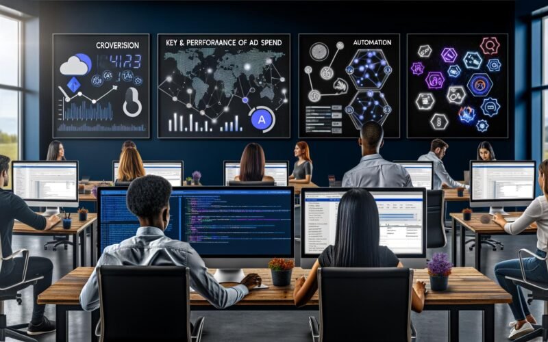 Dynamische Arbeitsplatzszene in einer digitalen Marketingagentur mit großen Monitoren, Dashboards, KPIs und Marketingexperten bei der Arbeit an technischen Tools.