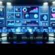 Mehrere konzentrierte Marketer sitzen an einem futuristischen Schreibtisch, über dem große Dashboards mit Kennzahlen, Funnels und Heatmaps schweben; im Hintergrund leuchtende Serverracks und weitere Arbeitsplätze.