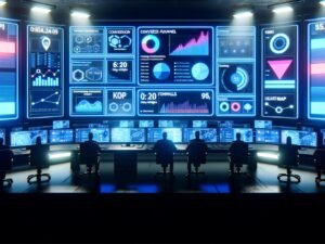 Mehrere konzentrierte Marketer sitzen an einem futuristischen Schreibtisch, über dem große Dashboards mit Kennzahlen, Funnels und Heatmaps schweben; im Hintergrund leuchtende Serverracks und weitere Arbeitsplätze.