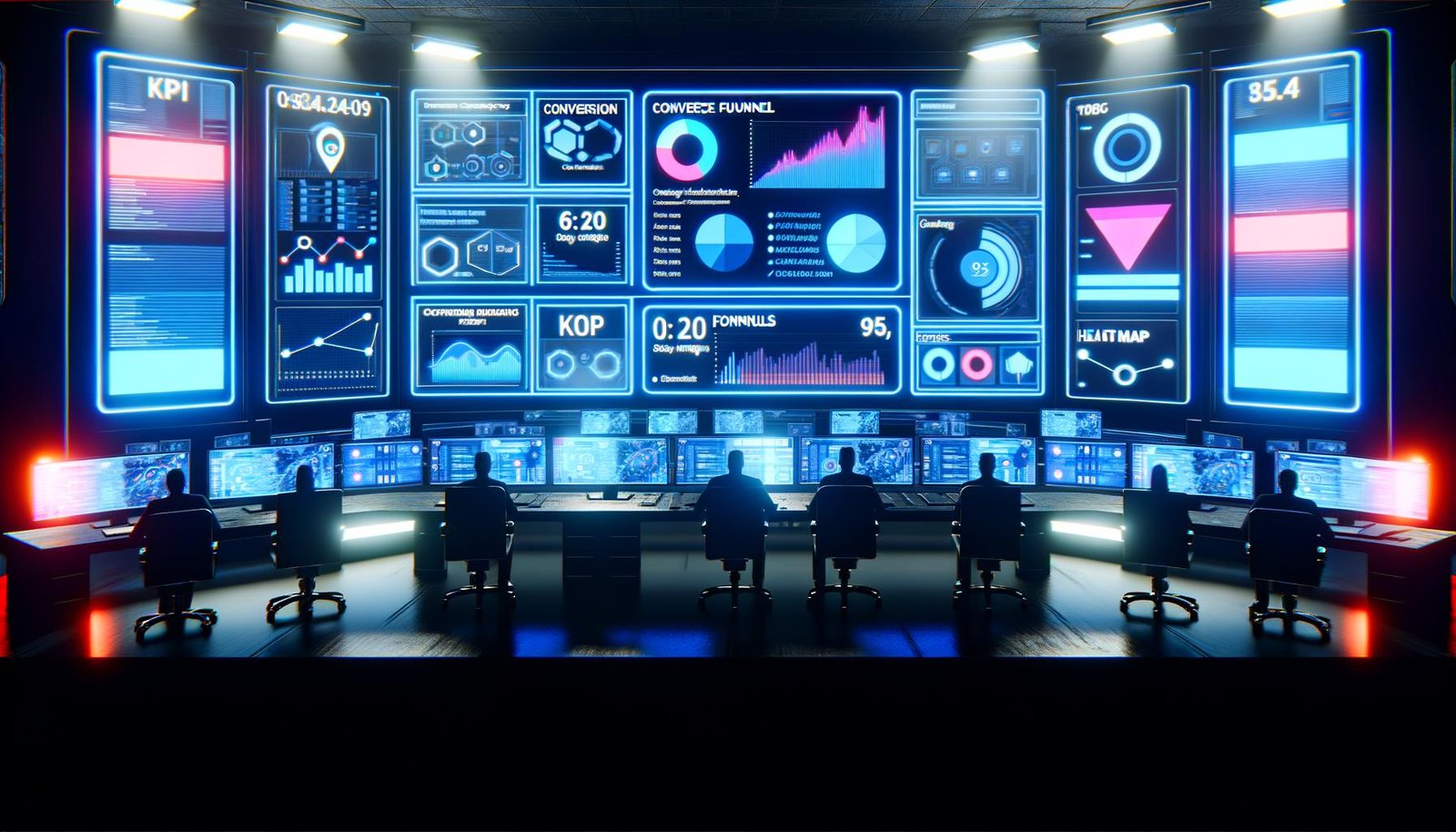 Mehrere konzentrierte Marketer sitzen an einem futuristischen Schreibtisch, über dem große Dashboards mit Kennzahlen, Funnels und Heatmaps schweben; im Hintergrund leuchtende Serverracks und weitere Arbeitsplätze.