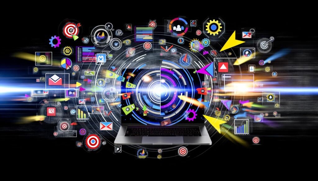 Collage mit Laptop, aus dem Diagramme, Werbebanner und Conversion-Pfeile herausströmen, umgeben von Social-Media-Icons und Automatisierungs-Symbolen auf dunklem Hintergrund