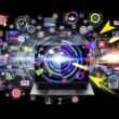 Collage mit Laptop, aus dem Diagramme, Werbebanner und Conversion-Pfeile herausströmen, umgeben von Social-Media-Icons und Automatisierungs-Symbolen auf dunklem Hintergrund