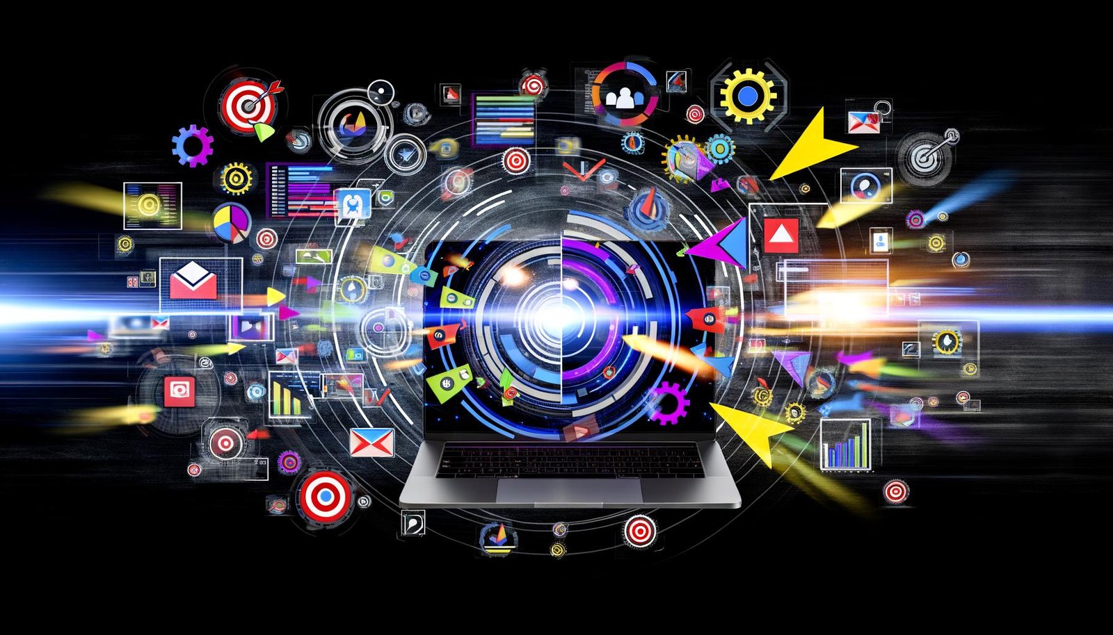 Collage mit Laptop, aus dem Diagramme, Werbebanner und Conversion-Pfeile herausströmen, umgeben von Social-Media-Icons und Automatisierungs-Symbolen auf dunklem Hintergrund