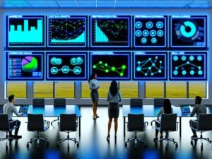 Data-Operations-Raum mit mehreren Bildschirmen, Marketingexperten analysieren Live-Daten, Charts und Workflow-Diagramme in modernem Ambiente.